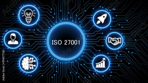 A glowing neon iso 27001 concept surrounded by smaller icons for ai and manufacturing process management all connected in a digital circuit like pattern, manufacturing planning, 