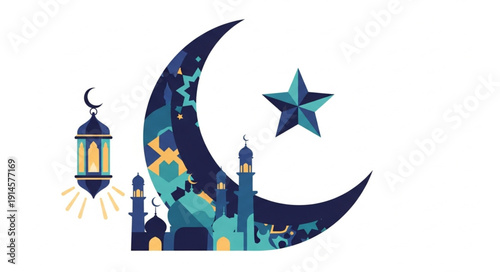 Islamic crescent moon with mosque silhouette and lantern.