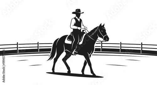 Silhouette of a cowboy riding a horse in a corral.