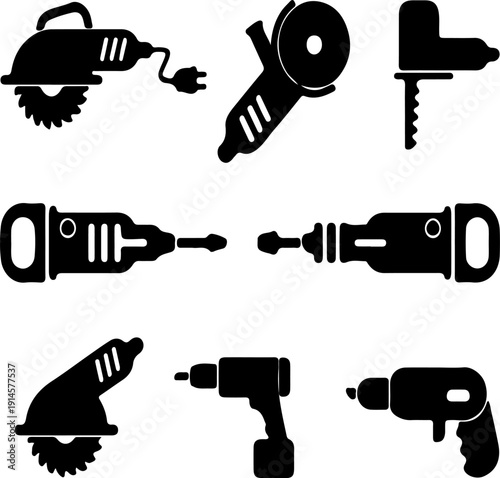 Vector set of black silhouette power tools including circular saw, angle grinder, jigsaw, hammer drill, and screwdriver, isolated on white background.