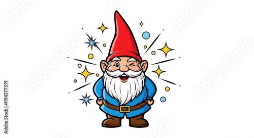 Cheerful Gnome with Red Hat and Blue Outfit Surrounded by Sparkles