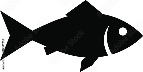 Minimalist black silhouette fish illustration with pointed tail and dorsal fin, bold aquatic design element, marine vector graphic artwork