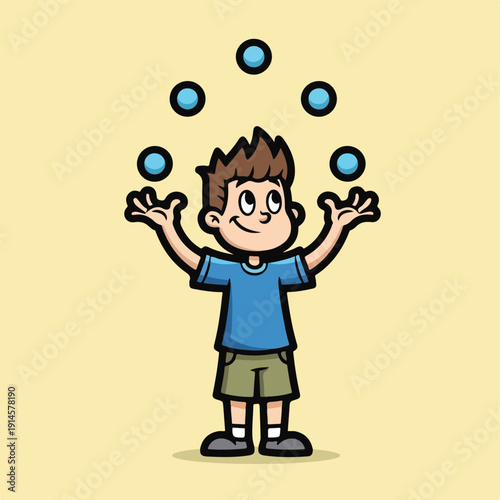 Cartoon boy juggling multiple balls in the air with a smile