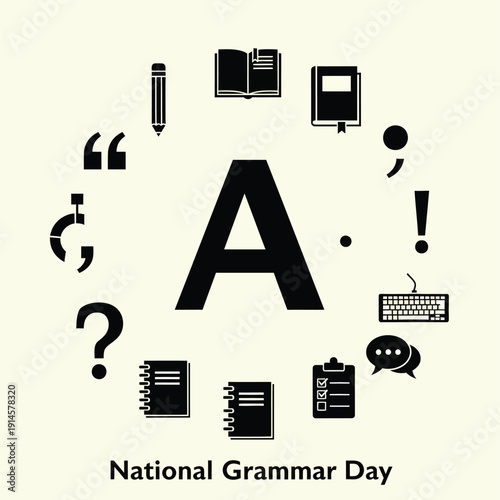 「A」の文字を中心に、ペン、本、句読点、キーボード、吹き出しなどのアイコンが配置されたナショナル・グラマー・デーを祝うイラスト.
