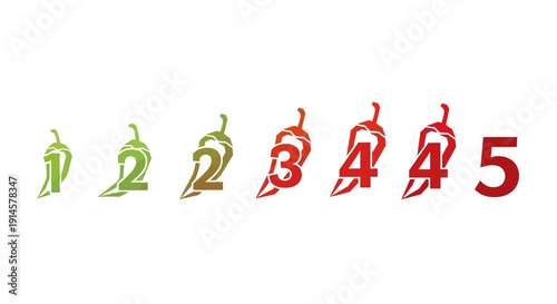 A graphic illustration of a chili pepper spice level indicator with numbers 1 to 5 in green to red gradient, representing a heat scale icon for food rating.