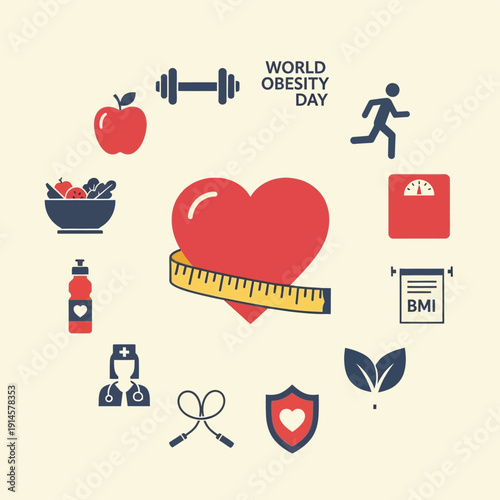 世界肥満デーを記念して、健康的なライフスタイルと肥満対策の重要性を強調するイラスト.