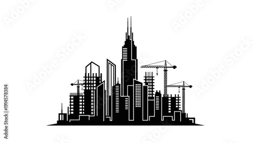 Cityscape silhouette with construction cranes and skyscrapers under development