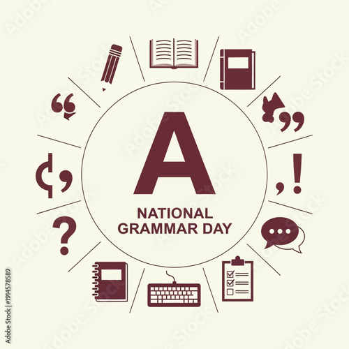 「A」と「NATIONAL GRAMMAR DAY」の文字、そして文法記号や学習用具が描かれた円形のイラスト.