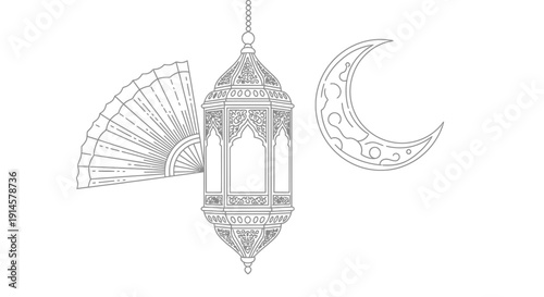 Collection of traditional Islamic elements including a detailed ornamental lantern, a crescent moon, and an open hand fan, presented as line art on an isolated white background.