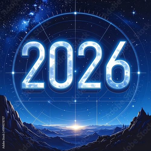 Futuristic mountain landscape with glowing year number