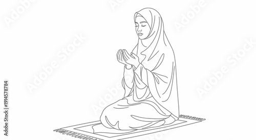 Devout Muslim woman wearing a hijab, kneeling on a prayer mat and performing Salah (Namaz) with hands raised in supplication, depicted as line art on an isolated white background.