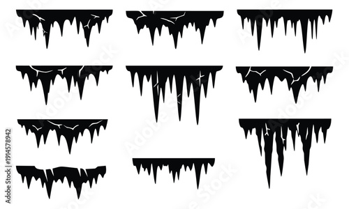 Black silhouette icicle set featuring jagged frozen shapes for winter seasonal design