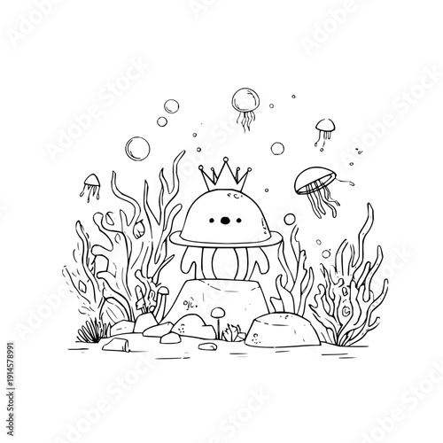 Jellyfish king underwater sea creatures illustration ocean cartoon line art