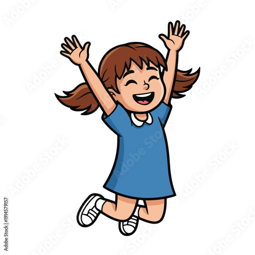 happy little girl jumping up with arms raised in excitement