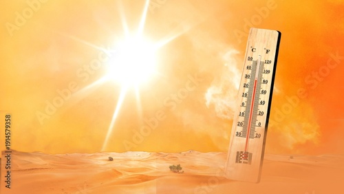 Thermometer with high temperature against orange sky background and shining sun. Heat wave concept. Extreme weather. Global warming effects