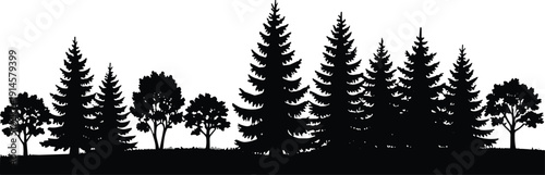 Silhouette vector illustration of forest landscape with diverse deciduous and coniferous trees, natural outdoor artwork, decorative woodland background design