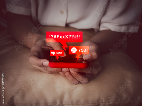 Concept of cyberbullying and online harassment through mobile phone, showing hateful messages, angry reactions, and social media negativity. Represents mental health risk in digital communication.