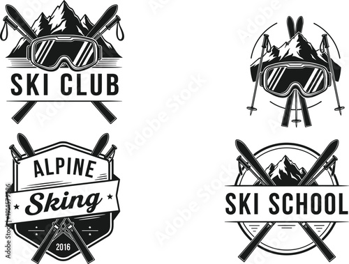 Ski logos collection featuring goggles, crossed skis, ski poles, mountain scenery, alpine skiing club and school emblem vector design
