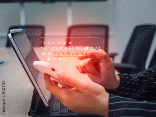 Картината върху платно SMS scam message tricking users with a fake prize notification