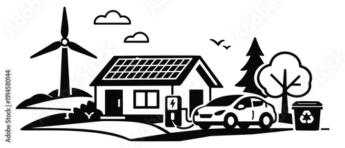 Bold line art illustration of an eco-friendly home depicting renewable energy and electric vehicle charging for sustainable living
