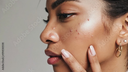 Side view portrait of young woman girl with acne and natural skin texture, gently touching her cheek, dermatology, beauty standards, skincare routine, health awareness and authenticity in portraits.