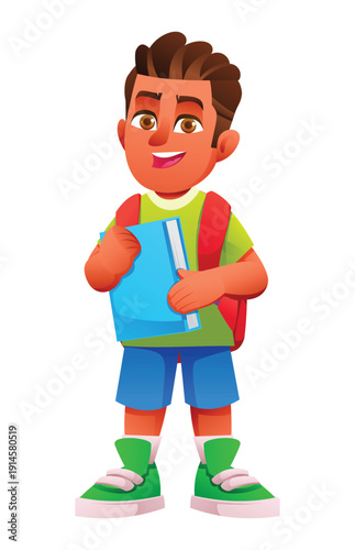 Happy student holding a book while wearing a backpack on a white background. Vector cartoon character illustration