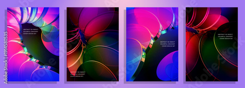 vibrant abstract neon 3d disk shape artwork multicolor overlapping curves cover poster background design set, layered multicolor gradients and luminous highlights.
