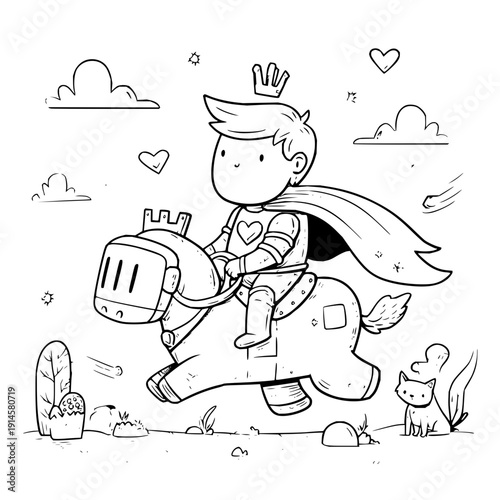 Knight boy riding robot horse with crown and cape heart clouds desert