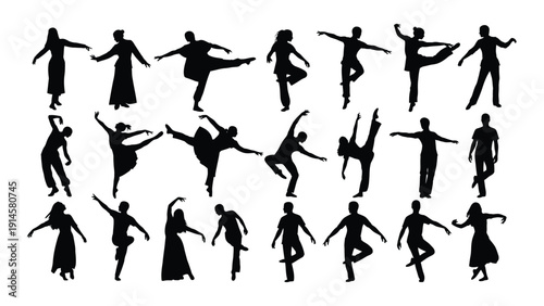 Silhouettes of dancers in various dynamic poses against a white background isolated on white background, Vector