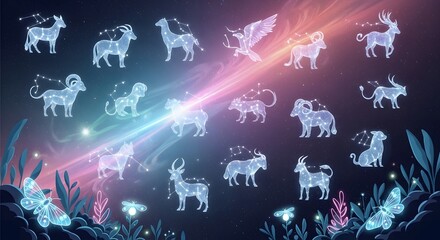 Glowing zodiac spirit animals formed by constellations across a dreamy aurora galaxy sky. Mystical celestial wildlife floating in cosmic light creates a magical astrology inspired fantasy atmosphere.