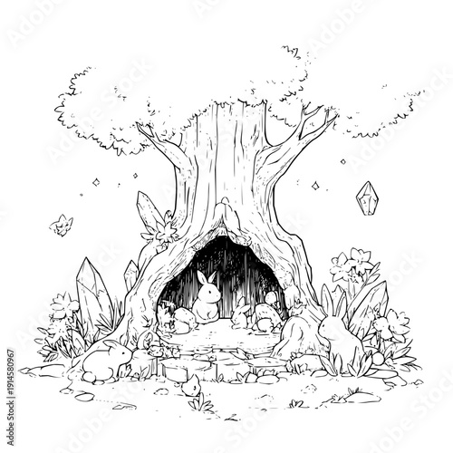 Rabbits in tree hollow, black and white illustration cartoon whimsical fantasy