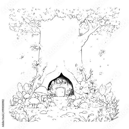 Beehive under tree line drawing illustration black and white vector honeybee insects