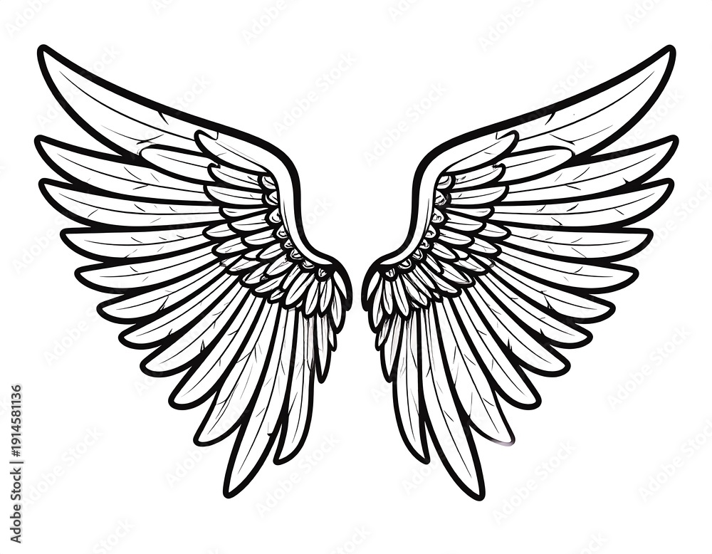 Fototapeta premium Stylized vector image of spread, symmetrical angel wings, outlined in heavy black
