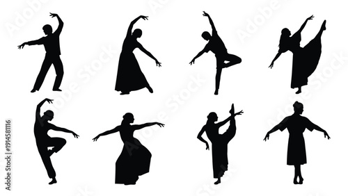 Diverse silhouettes of dancers in various ballet poses and costumes isolated on white background, Vector