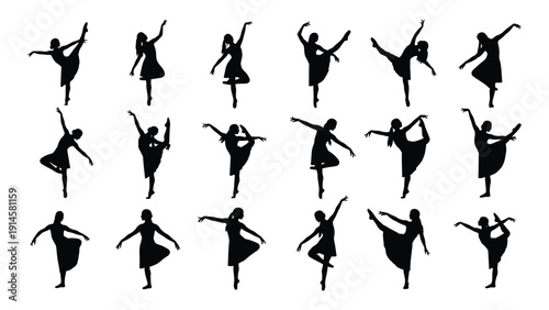 Silhouettes of dancers in various poses showcasing elegance and grace isolated on white background, Vector