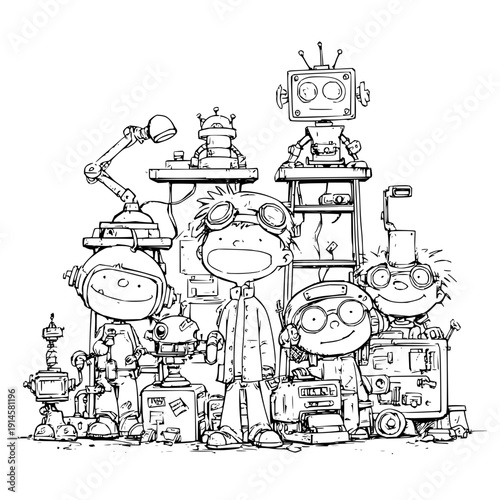 Robots and kids in workshop with machinery children gears gadgets tools laboratory