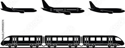 Cad drawing flat vector illustration of airplane and passenger train silhouettes set on white background for public transport travel concepts.