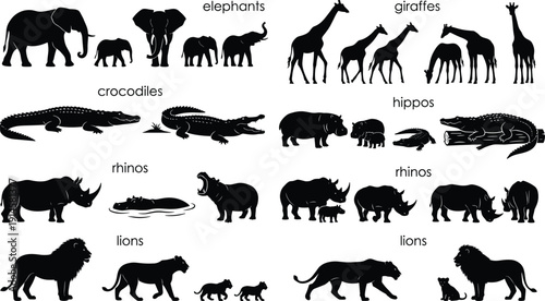 African safari animal silhouette collection featuring elephants, giraffes, crocodiles, hippos, rhinos, and lions, cad drawing flat vector illustration, isolated white background.