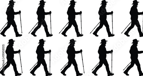 Cad drawing flat vector illustration of hiker silhouettes with walking sticks and hats set on white background for outdoor trekking adventure.