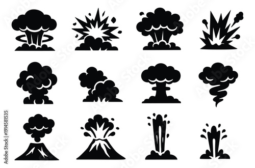 Silhouette explosion and smoke effect set featuring mushroom clouds, erupting volcanoes, and geysers for power and danger concepts