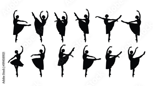 Graceful ballerinas performing various dance moves in silhouette isolated on white background, Vector