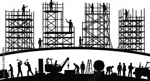 WConstruction site silhouette collection featuring workers on scaffolding, heavy machinery, engineers, and builders, cad drawing flat vector illustration, isolated white background.