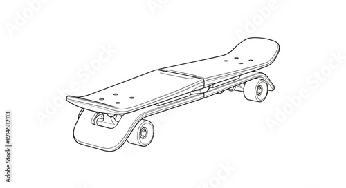 Outline drawing of a modern skateboard with wheels, trucks, and deck components, shown from an angled perspective on an isolated white background.