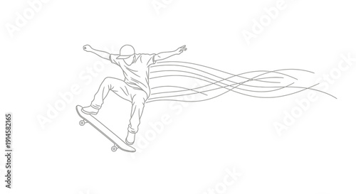 Outline Drawing of Skateboarder Performing Dynamic Aerial Trick with Speed Lines on Isolated White Background