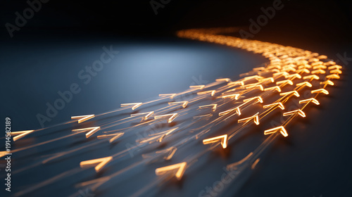 A Stream of light arrows creating a path, concept of direction and progress. The arrows, radiating energy, depict the concept of going forward, journey, and process