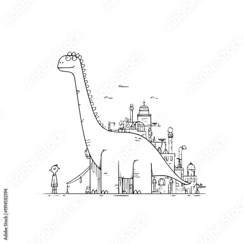 Dinosaur standing in cityscape vector illustration city black and white line art