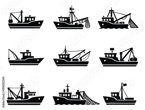 Silhouette fishing boat icon set featuring various vessels with fishing equipment for maritime design