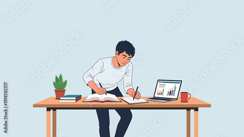 Man studying at desk with laptop, books, and notebook, modern home office