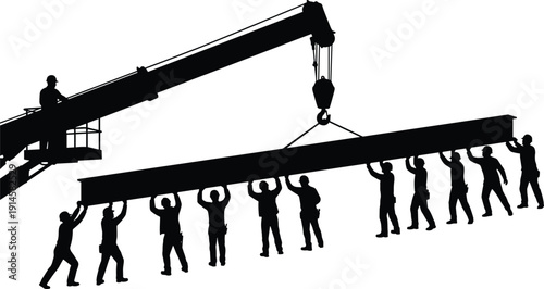 Construction workers lifting heavy steel beam with crane machinery assistance, building site development, cad drawing flat vector illustration, isolated white background.