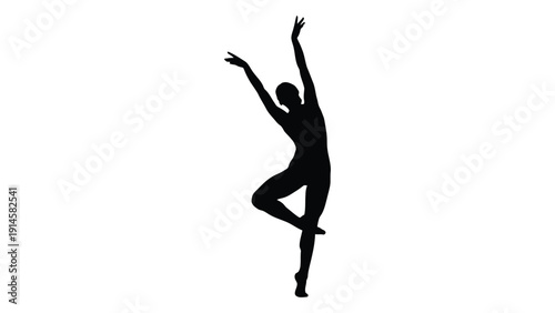 Silhouette of a dancer in a dynamic and expressive pose with arms raised isolated on white background, Vector